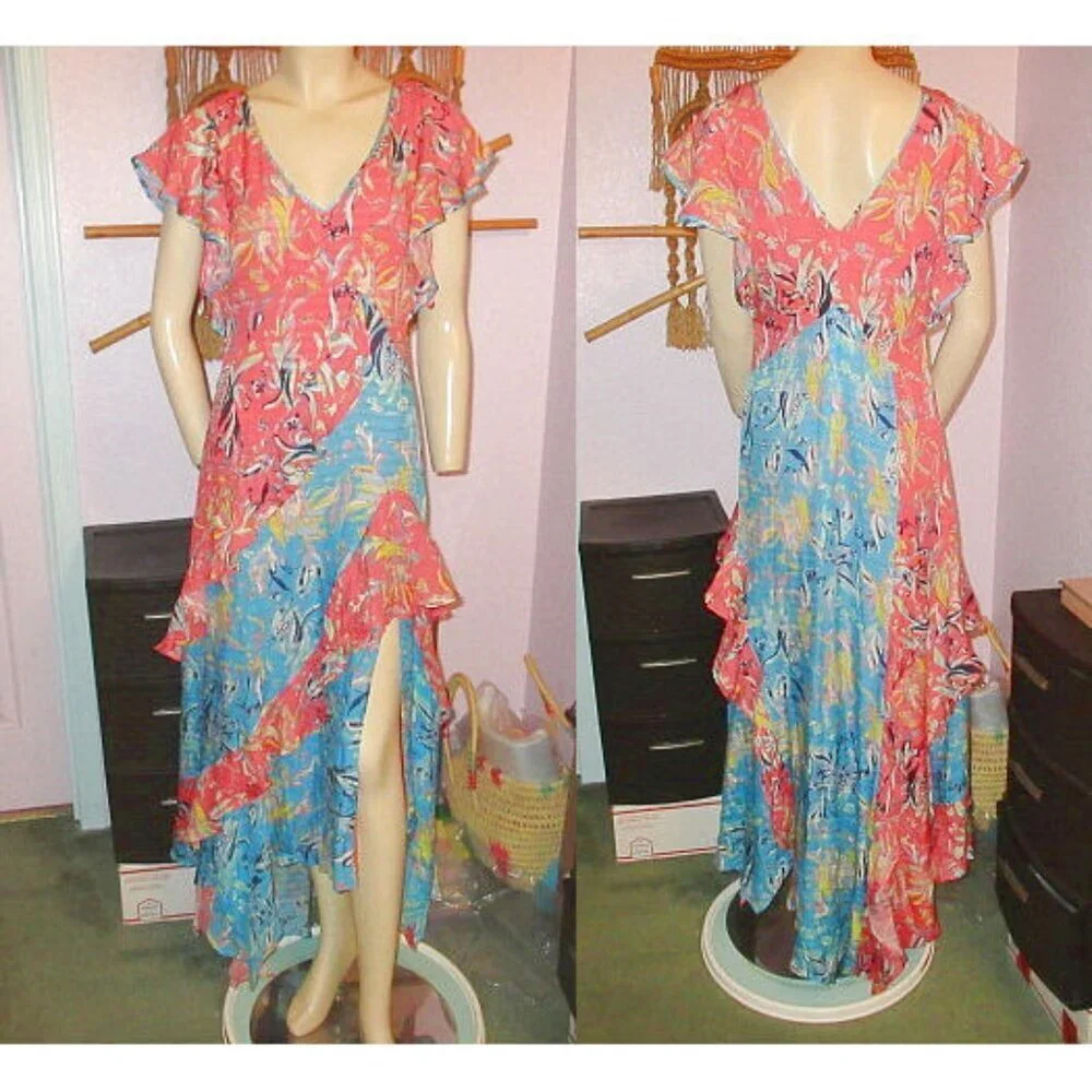Tanya Taylor Silk Maxi Dress Size 2 Asymmetrical Tiered Iliana Ruffle Oversized